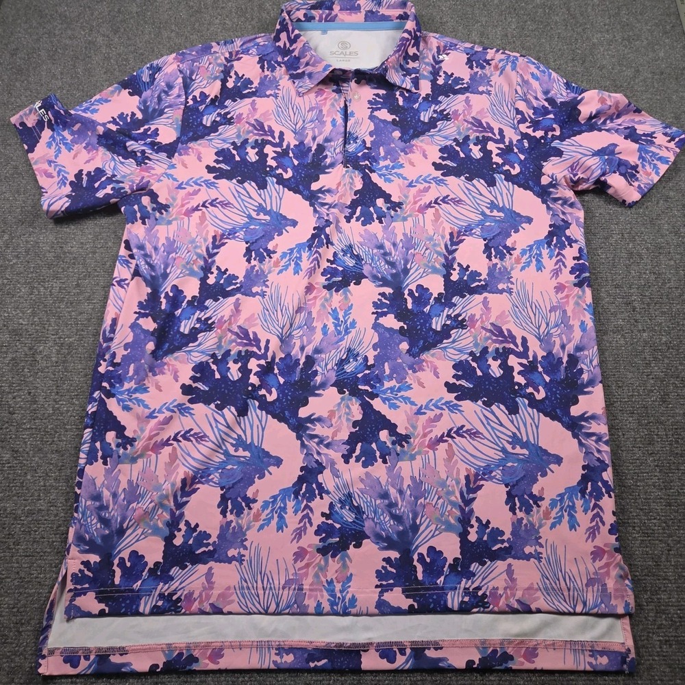 SCALES Polo Shirt Mens L Blue Golf Underwater Coral Reef Print AOP